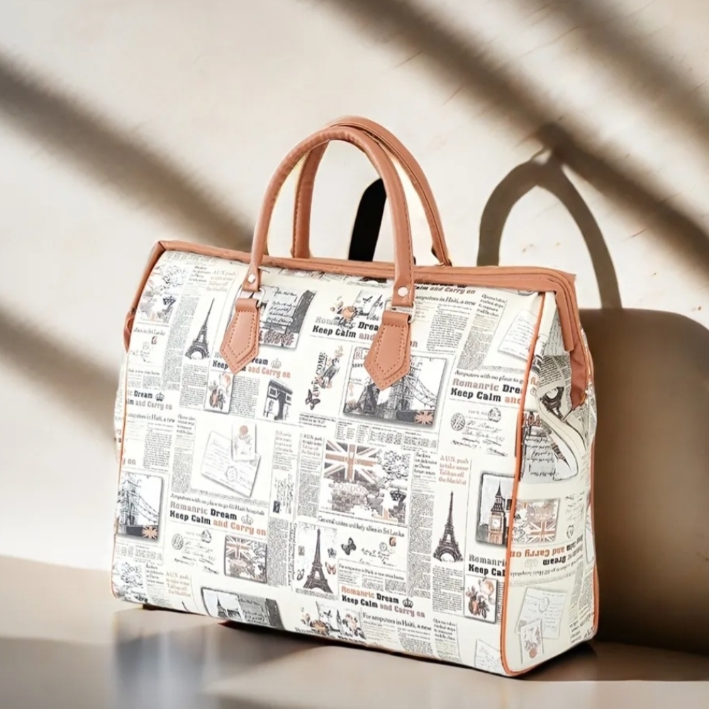 Tan and Cream Travel Bag with Leather Accents